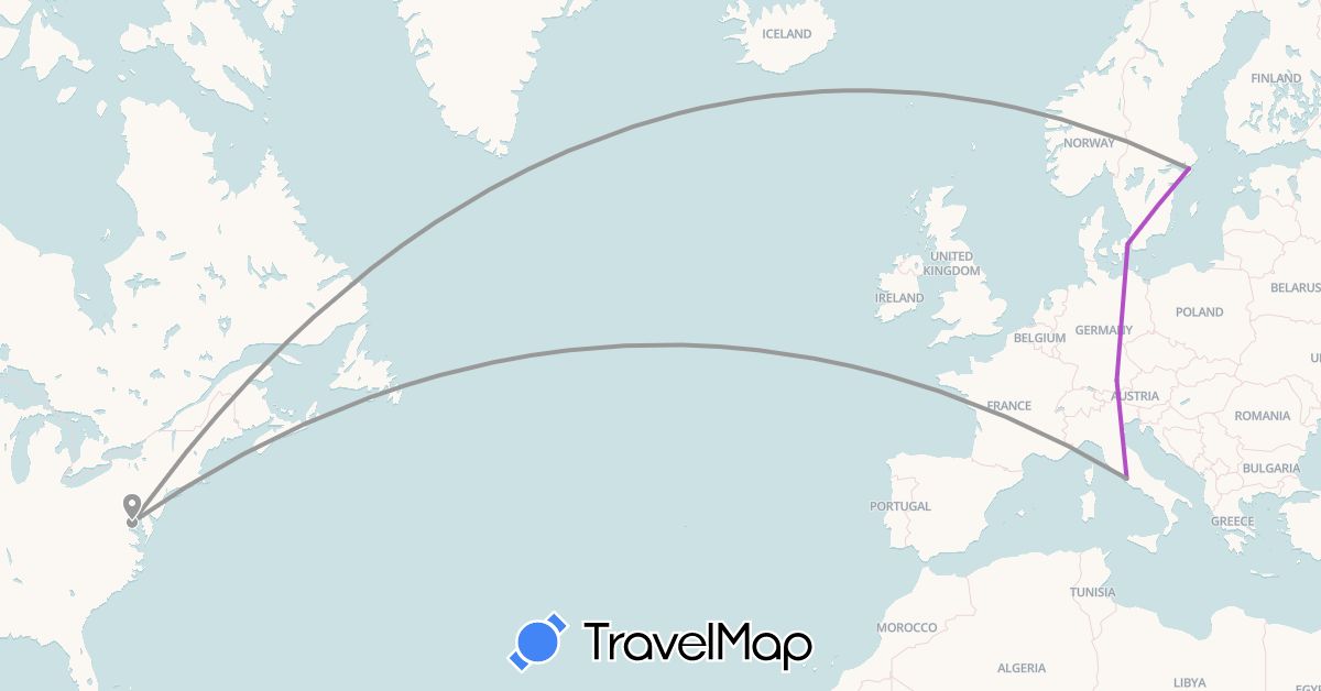 TravelMap itinerary: driving, plane, train in Germany, Denmark, Italy, Sweden, United States (Europe, North America)
